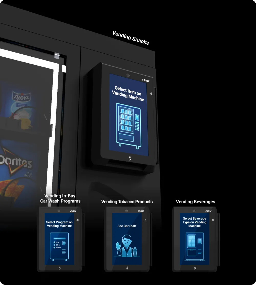 Vending UX use-cases: Snacks, Beverages, Car Wash Automatic Programs, and Tobacco Products, presented on 3D mockups.