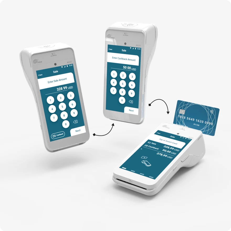 3 Mockups of PAX A920 terminal showcasing screens of adding cashback and tip into sale transaction