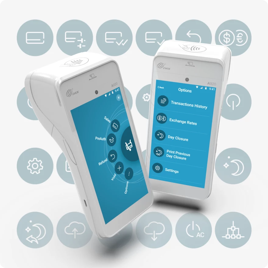 2 screens with custom icons showcased on a PAX A920 Mockup