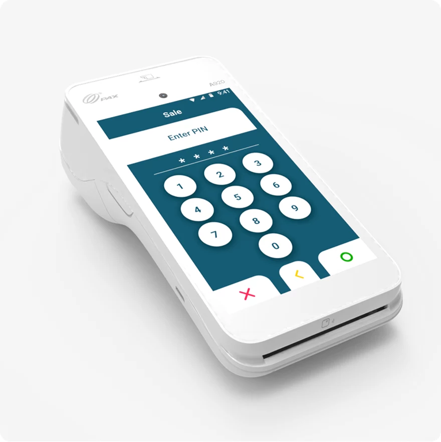 PIN-Entry screen presented on a nice mockup of PAX A920 Payment Terminal