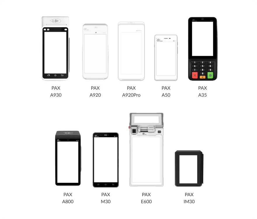 9 models of PAX Payment Terminals presentend from front view.