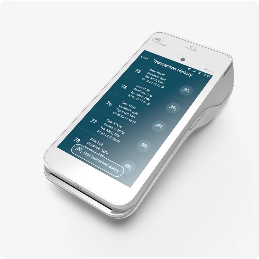 Transaction History screen presented on a nice mockup of PAX A920 Payment Terminal