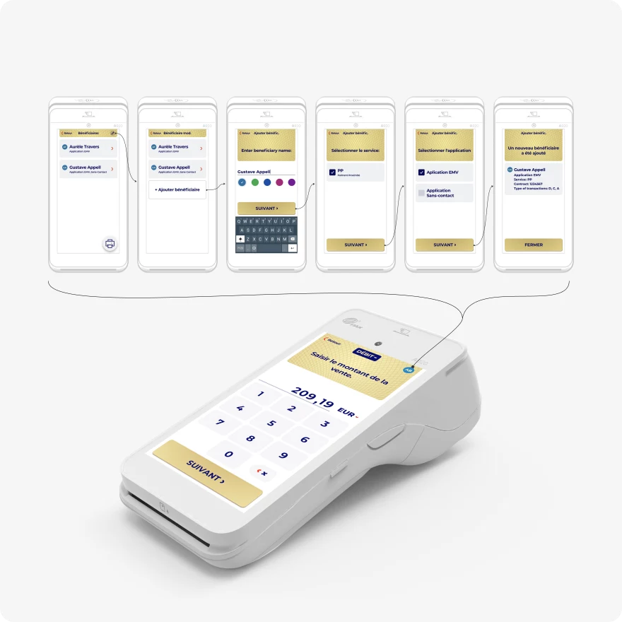 Merchant IDs management showcase in the UI of the A920 terminal.