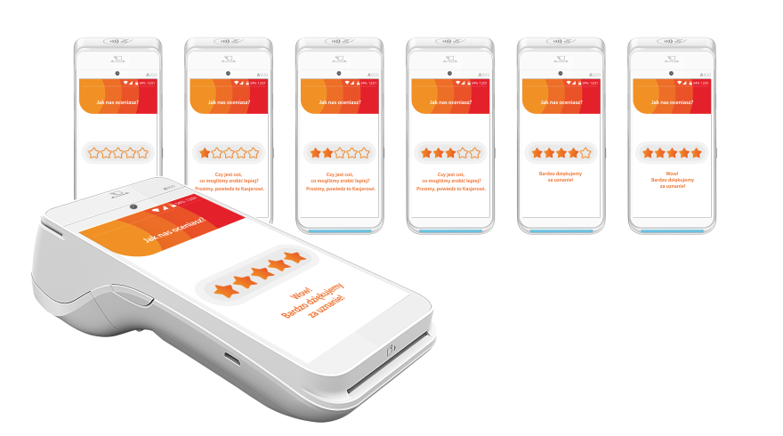 PAX A920 Terminal and few static views that present the design of Clients Evaluation system