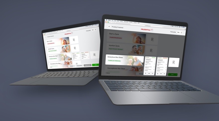 Two laptops that present Prudential's Products — the core screen of the PreSales App