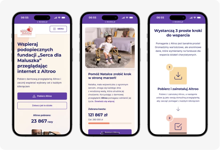 Three responsive mobile layouts for Donateo „Serca dla maluszka”.