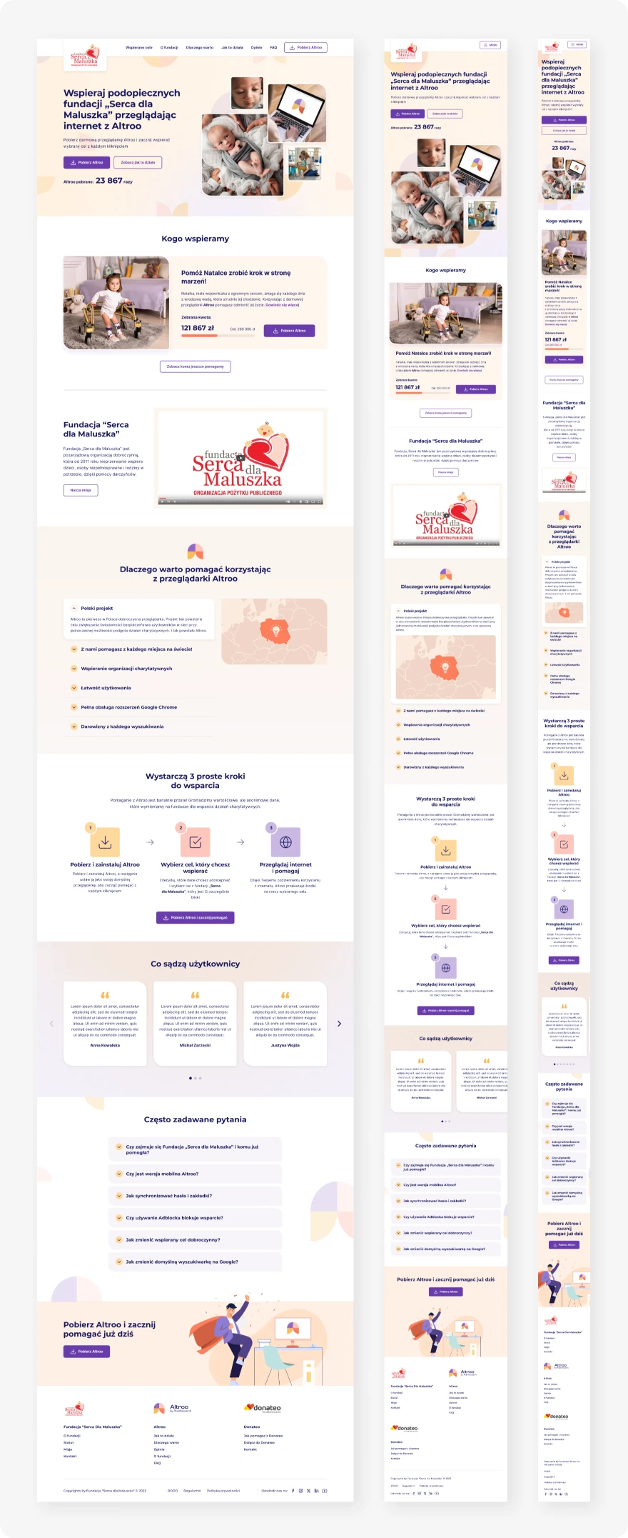 Three responsive desktop layouts for Donateo „Serca dla maluszka”.