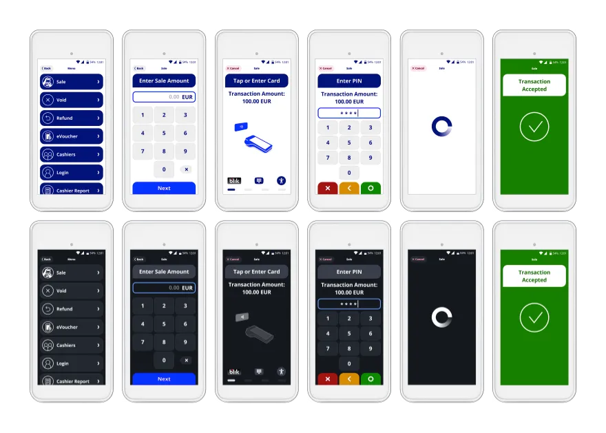 User Interface of the PayApp, recoloured for Bank Of Ireland Payment Acceptance brand, Light Mode and Dark Mode, on PAX A920Pro Terminal
