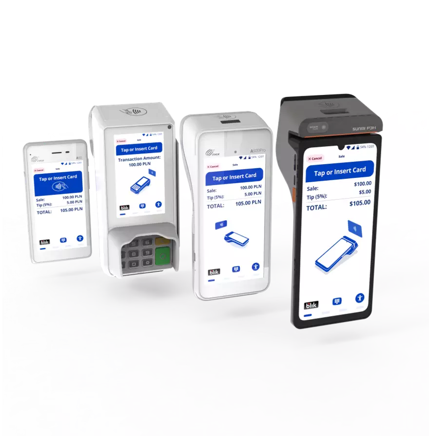 Card-Entry screen on PAX A50, PAX A80, PAX A920Pro, and Sunmi P3, displaying eService's payment app interface designed by TeddyGraphics