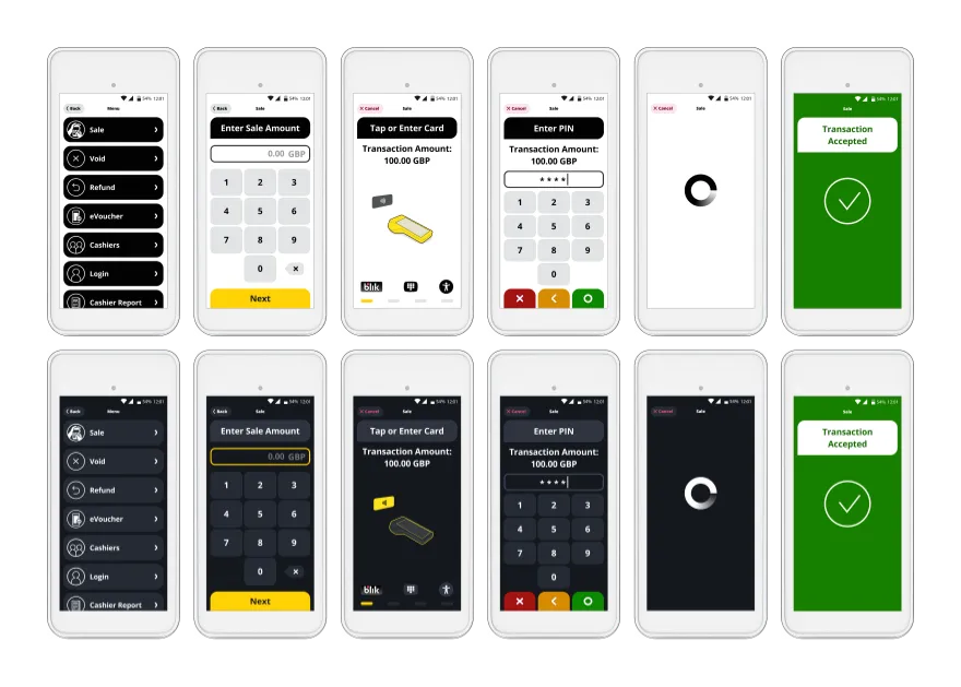 User Interface of the PayApp, recoloured for CardPay AA brand, Light Mode and Dark Mode, on PAX A920Pro Terminal
