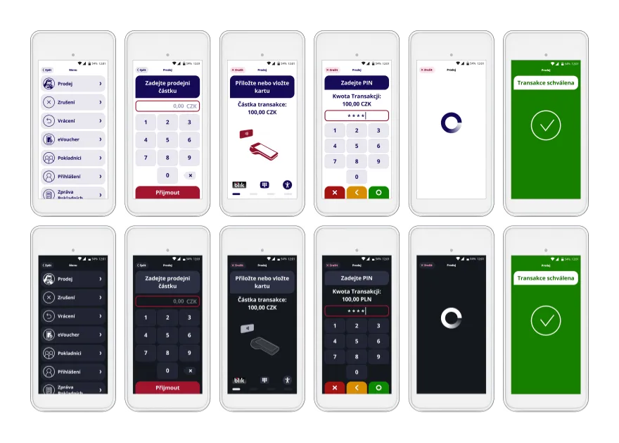 User Interface of the PayApp, recoloured for MONETA brand, Light Mode and Dark Mode, on PAX A920Pro Terminal