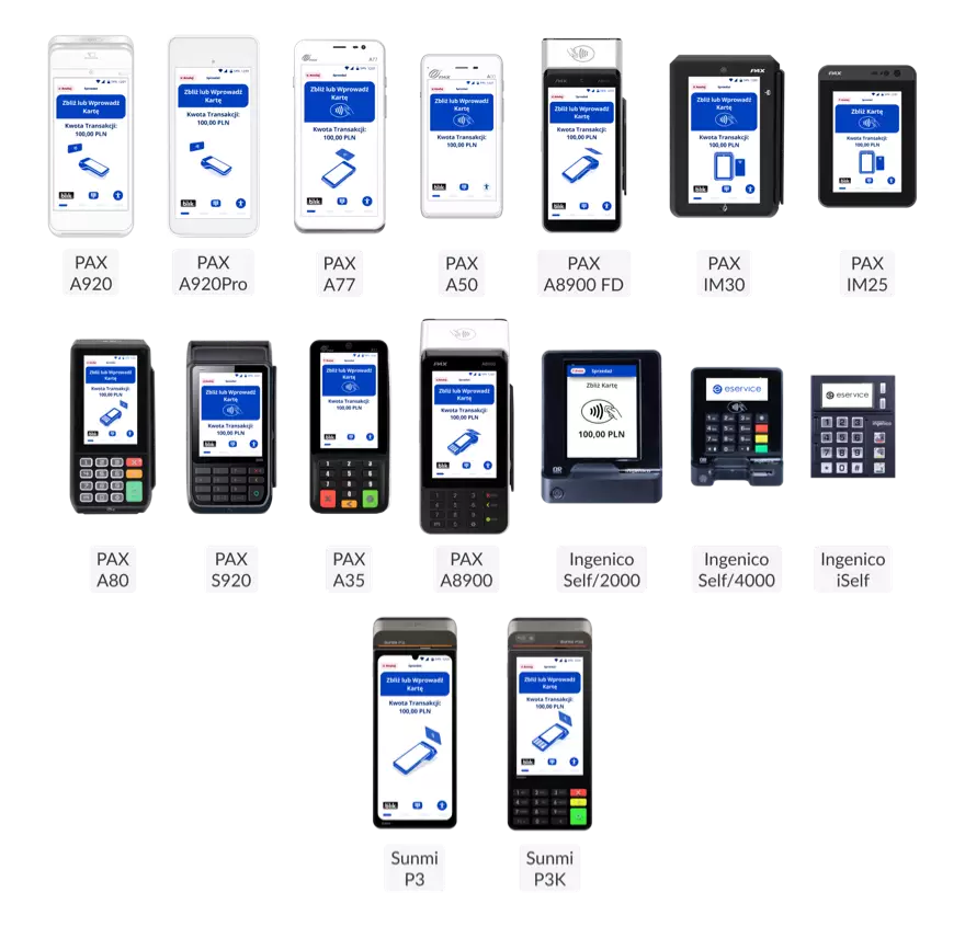 Complete lineup of 16+ payment terminals designed by TeddyGraphics: PAX A920, PAX A920Pro, PAX 8900, PAX 8900 Full Display, PAX A77, PAX A50, PAX IM30, Ingenico Self/2000, PAX A80, PAX S920, PAX A35, PAX Q25, Ingenico iSelf Duo, Ingenico iSelf Trio, Sunmi P3K, Sunmi P3KH, Sunmi P3, Sunmi P3 Mix — all showing the eService payment app interface