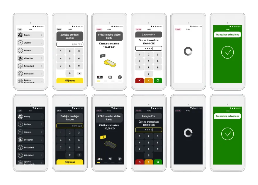 User Interface of the PayApp, recoloured for Revo brand, Light Mode and Dark Mode, on PAX A920Pro Terminal