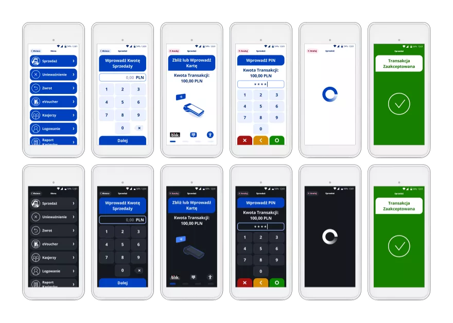 User Interface of the PayApp, recoloured for eService & EVO brands, Light Mode and Dark Mode, on PAX A920Pro Terminal